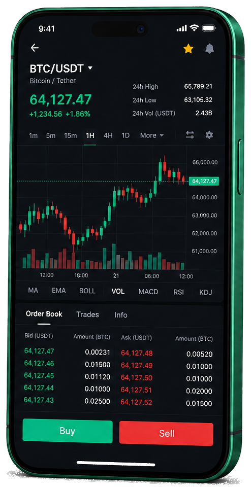 Oryndraxa mobile trading platform — live BTC/USDT chart, order book and buy/sell interface